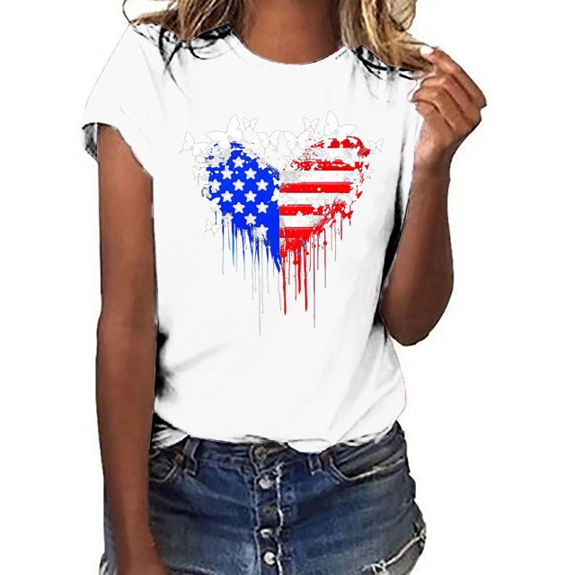 Fridja Liquidation T-Shirts du 4 Juillet pour Femmes Mode Col Rond Jour de l'Indépendance Imprimé Manches Courtes T-shirt Décontracté Ample pour Travail École (Blanc, TG)