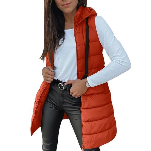Long Puffer Vest Women Oversized Quilted Hooded Jacket Lightweight Down Vests Sleeveless Winter Coat with Pockets Vermilion 2XL