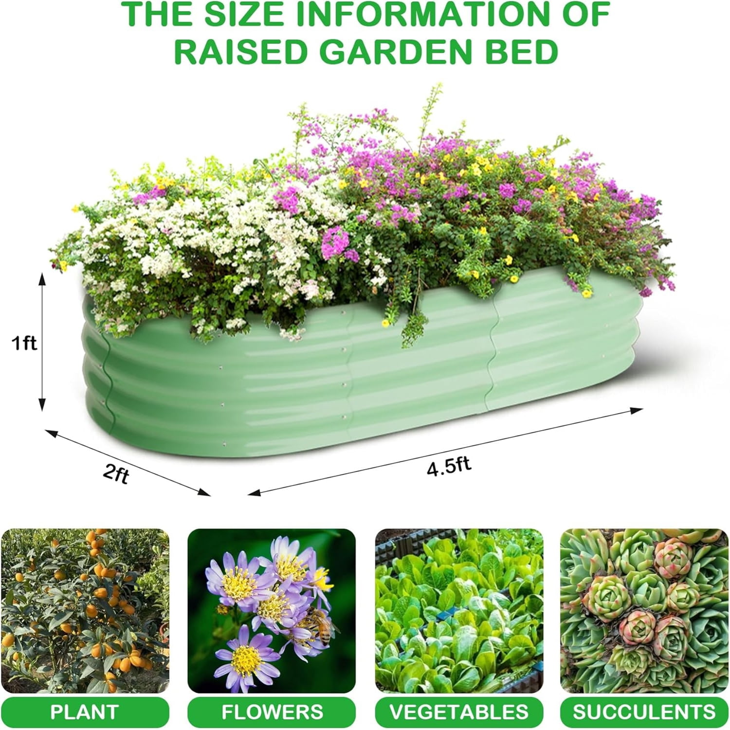 Galvanized Metal Raised Garden Bed 2-Pack 4.5x2x1 ft, Green Oval Outdoor Planter Box Kit with Open Bottom Drainage for Growing Vegetables, Plants & Flowers in Backyard or Patio