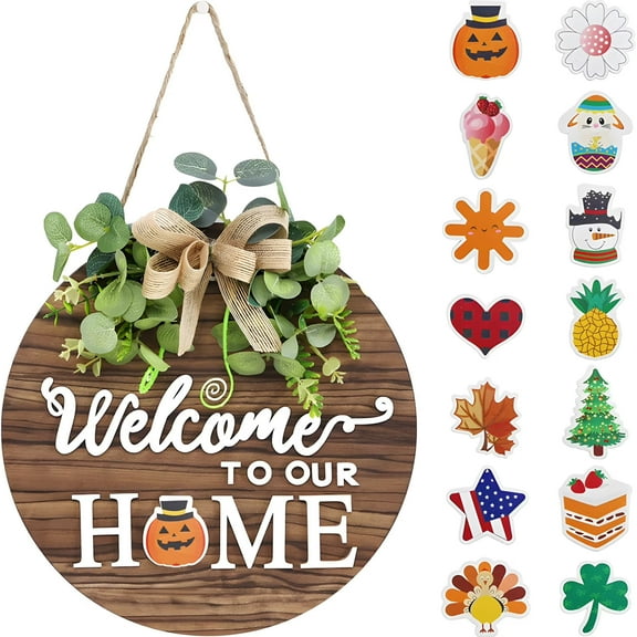 Interchangeable Welcome Sign with 14 Seasonal Decorations | Farmhouse Front Door Decor for 4th of July, Christmas, Fall, Valentine's | Wooden Welcome Home Sign, Perfect Housewarming Gift