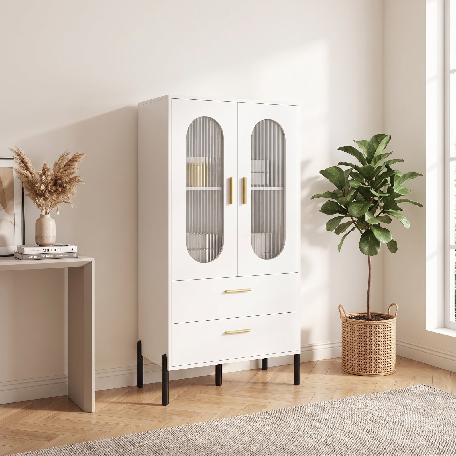 Furnibear Modern Sideboard Buffet Cabinet with Fluted Doors for Kitchen Dining Living Room Buffet Storage Server, White