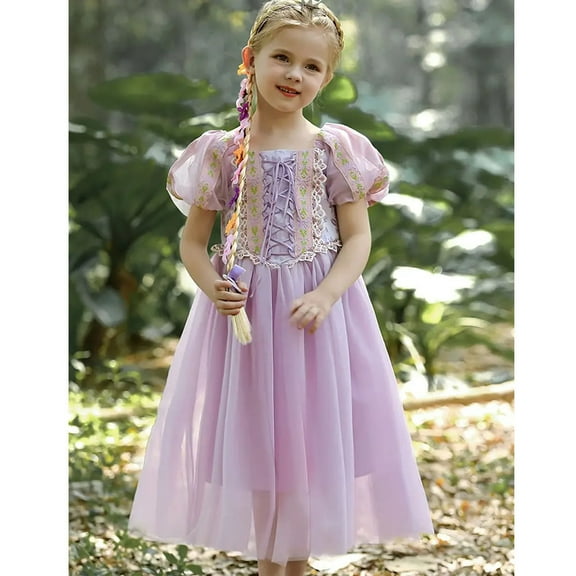 Girls Rapunzel Puff Sleeve Princess Dress Halloween Christmas Cosplay Party Costume