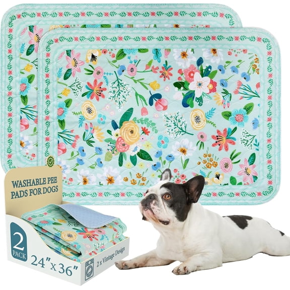 Washable Pee Pads for Dogs,2 Pack Spring Floral Reusable Puppy Pads Waterproof,Absorbent and Leakproof Dog Pee Pads,Non Slip Puppy Training Pads,Pet Mat for Floor,Crate,Teal 24"x36"