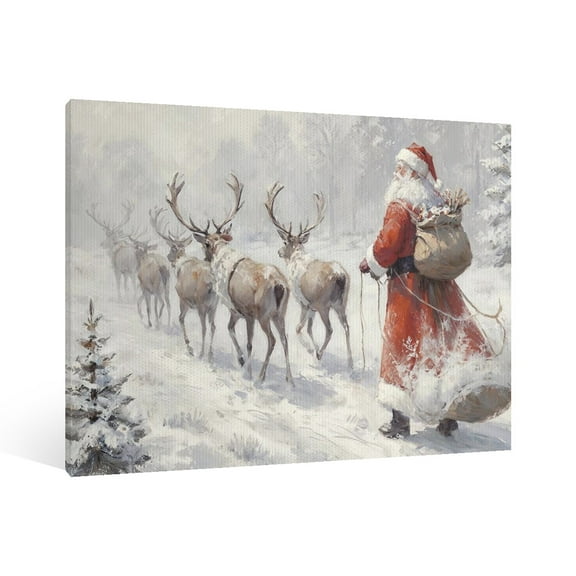 Vintage Christmas Santa Claus and Elk Wall Art Paint Framed - Retro Xmas Festive Winter Holiday Christmas Wall Decor Canvas Print for Living Room Kitchen Bathroom Home Bedroom Decor