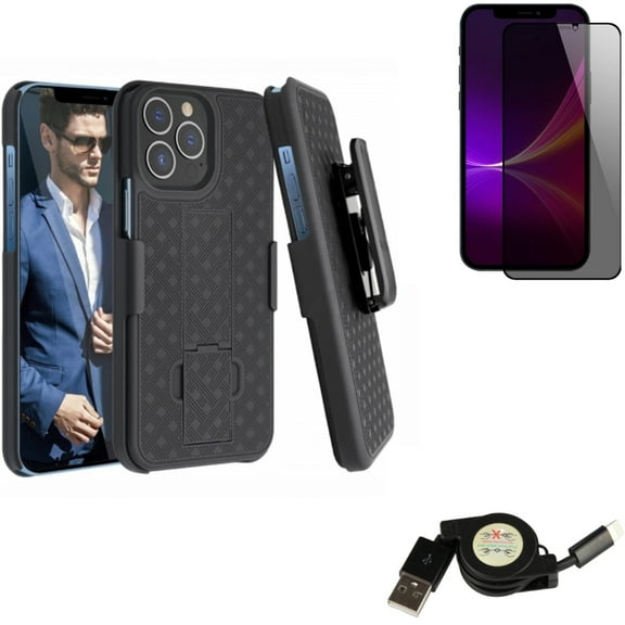 Privacy Screen Protector & Case Belt Clip & USB Cable for iPhone 13 Pro Max ONLY - Tempered Glass Curved Anti-Spy   Holster Swivel Cover   Retractable Charger Power Combo