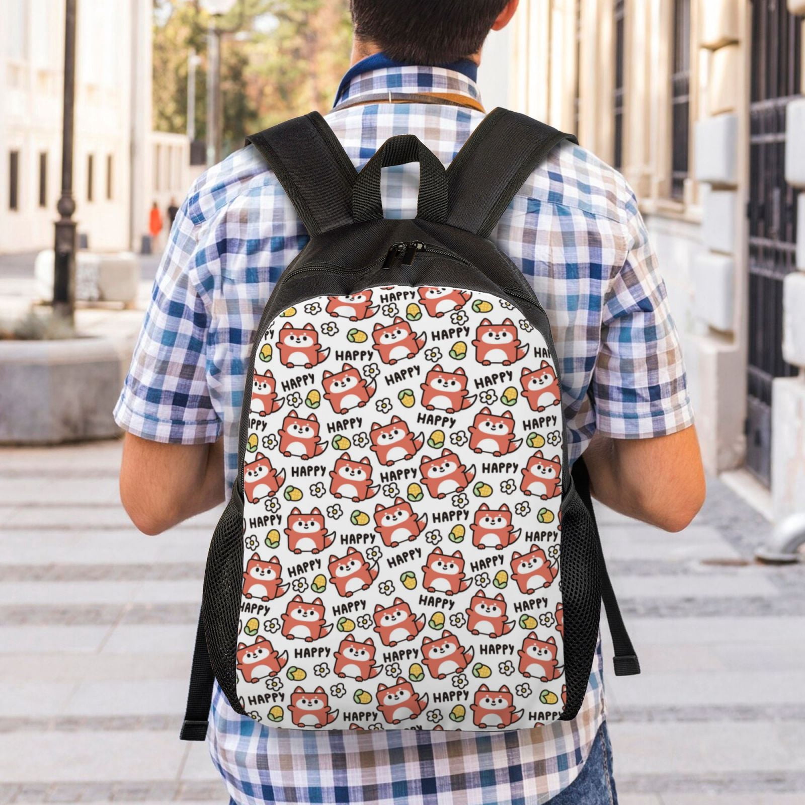 Xecao Happy Foxy Faces Print School Backpack with Laptop Compartment Small Travel Laptop Backpack for Women Men Waterproof College Backpack Simple School Bag