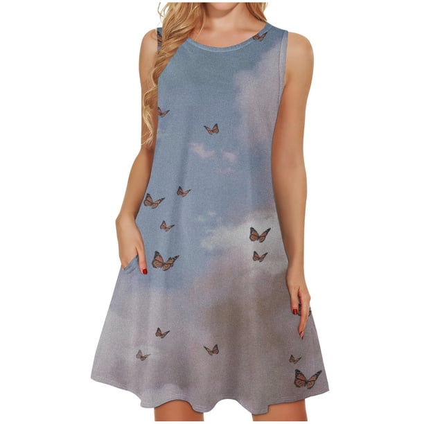 Mujeres verano casual sin mangas cuello redondo gradiente impreso bolsillo manga vestidos vestido suelto OAVQHLG3B Store lin121212