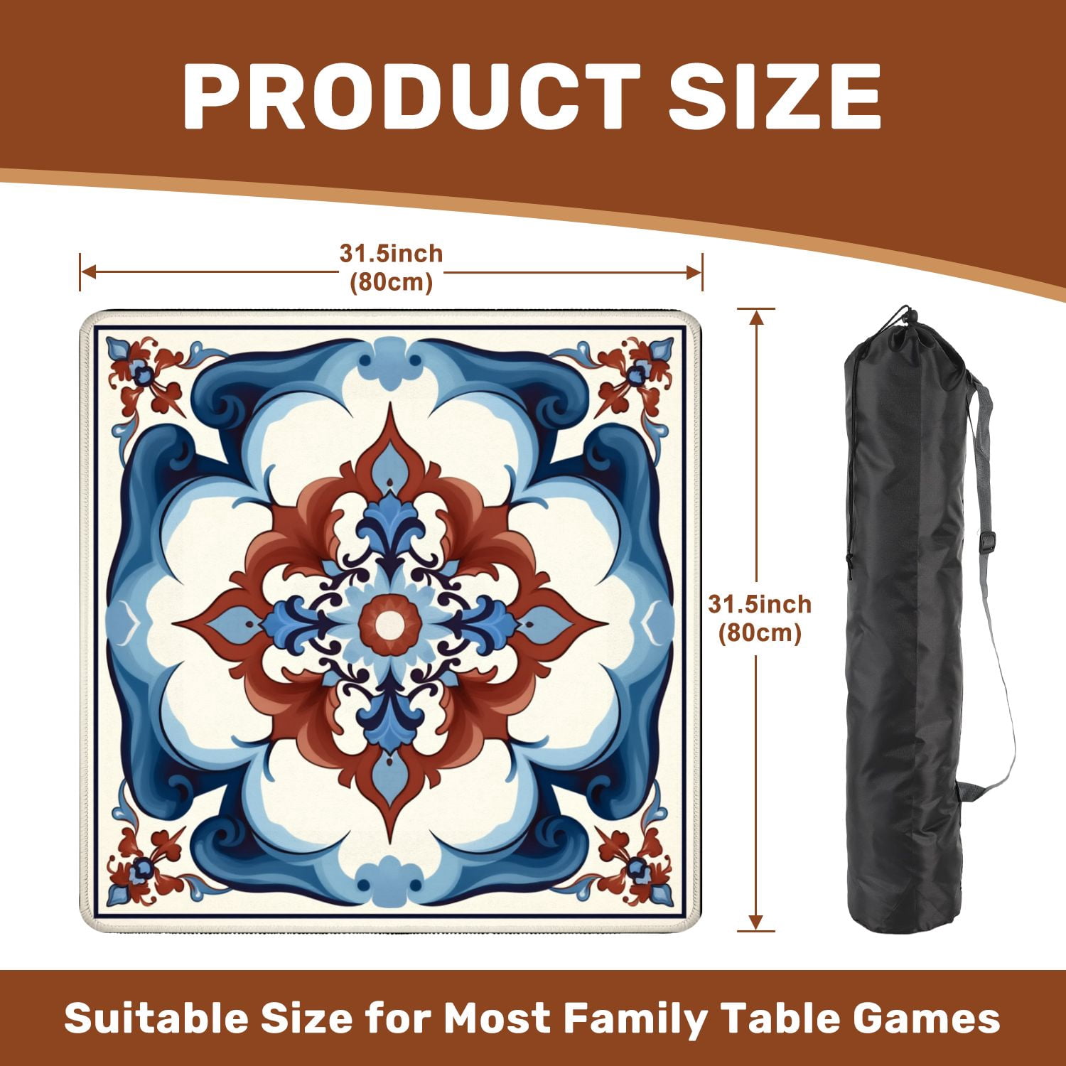 Mahjong Mat 31.5" x 31.5" Floral Tile Design Red Blue White Ornate Patterns Non-Slip Noise Reduction American Mahjong Tiles Table Cover for Dominoes Poker Card Board Games Gift