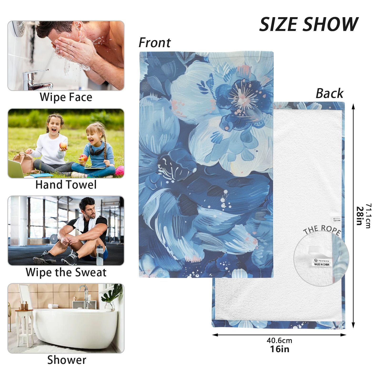 Blue Floral Hand Towels Cotton Bath Towels Large Face Towels Absorbent for Bathroom 2 Packs