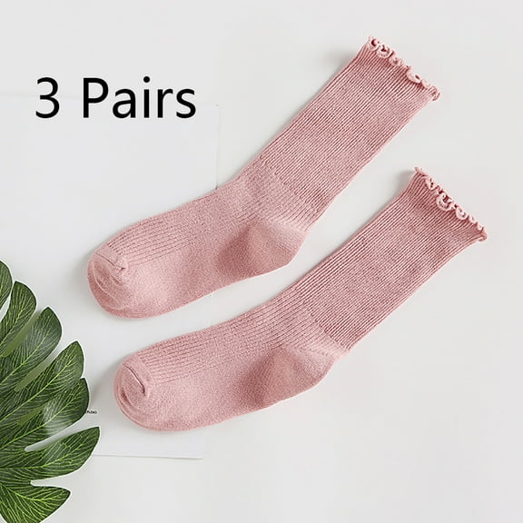 Womens Socks. Ruffle Turn-Cuff Casual Ankle Socks Breathable Cool Knit Cotton Lettuce Crew Frilly Sock Pink 3 pairs