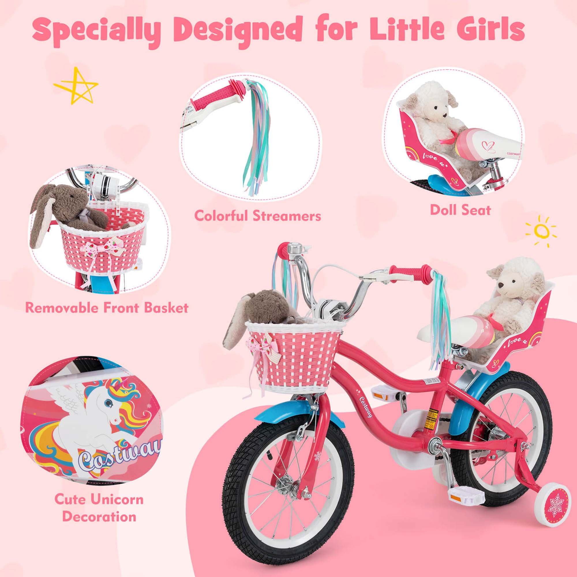 Costway 14 Inch Kids Bike with Basket Doll Seat & Colorful Streamers 2 Training Wheels Pink