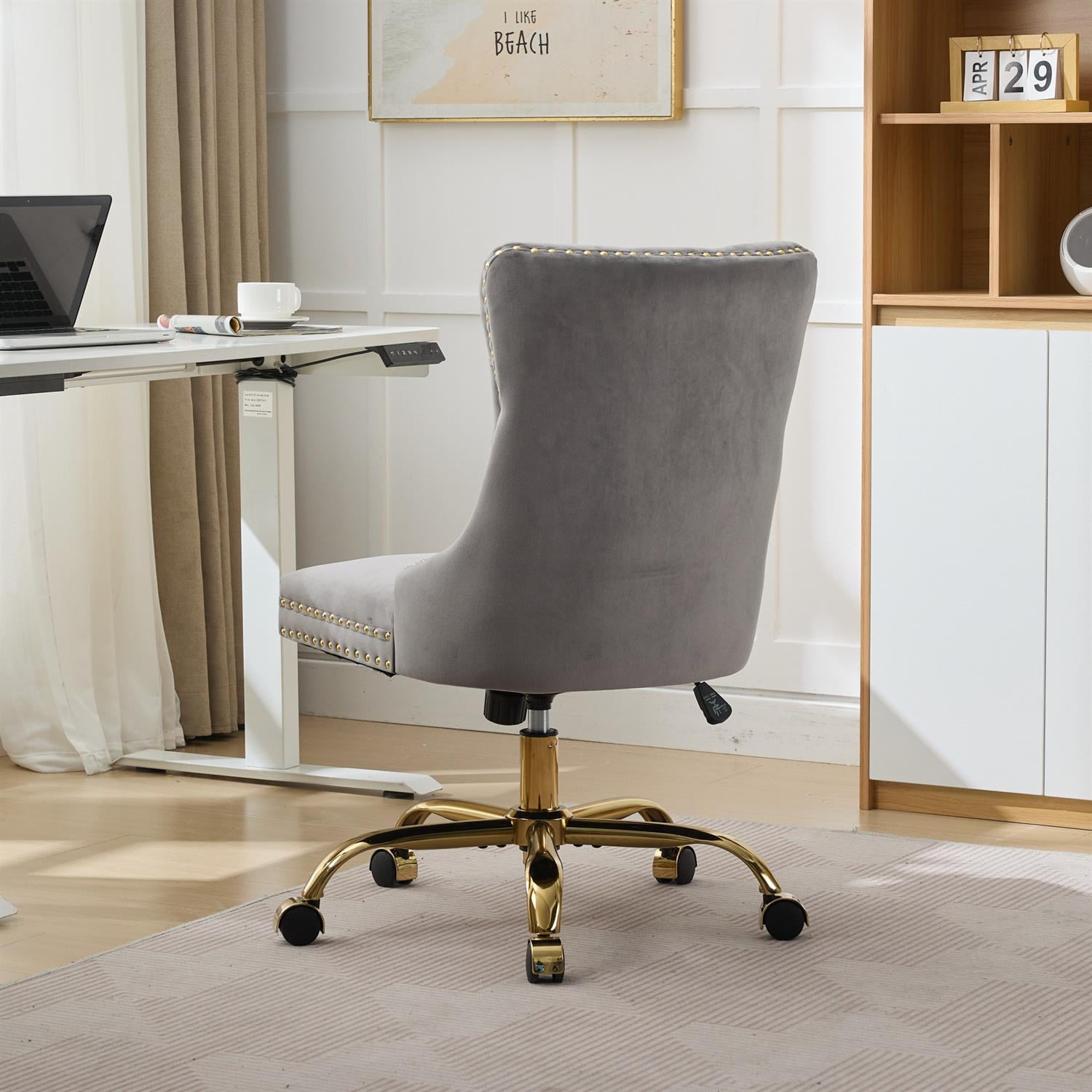 Demi Bonn 38" Tufted Button Velvet Upholstered Desk Chair with Adjustable Swivel, Metal Base for Home Office, Study, Gray