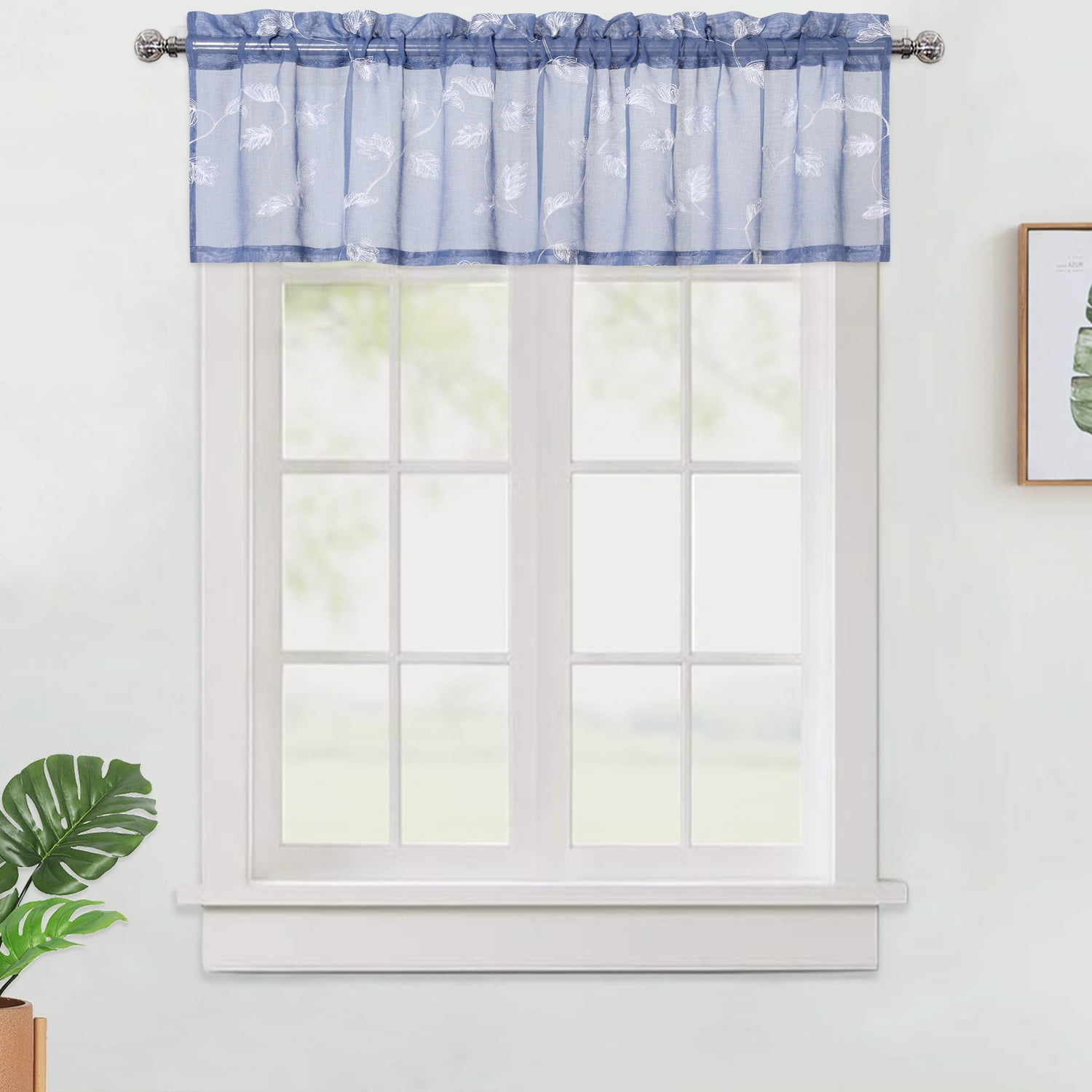 Haperlare Dusty Blue Sheer Valance Curtains 52"W x 15"L Leaf Embroidery