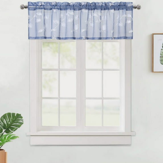 Haperlare Dusty Blue Sheer Valance Curtains 52"W x 15"L Leaf Embroidery Voile Valances Cafe Curtains Farmhouse Light Filtering Kitchen Valance Curtains, 1 Panel
