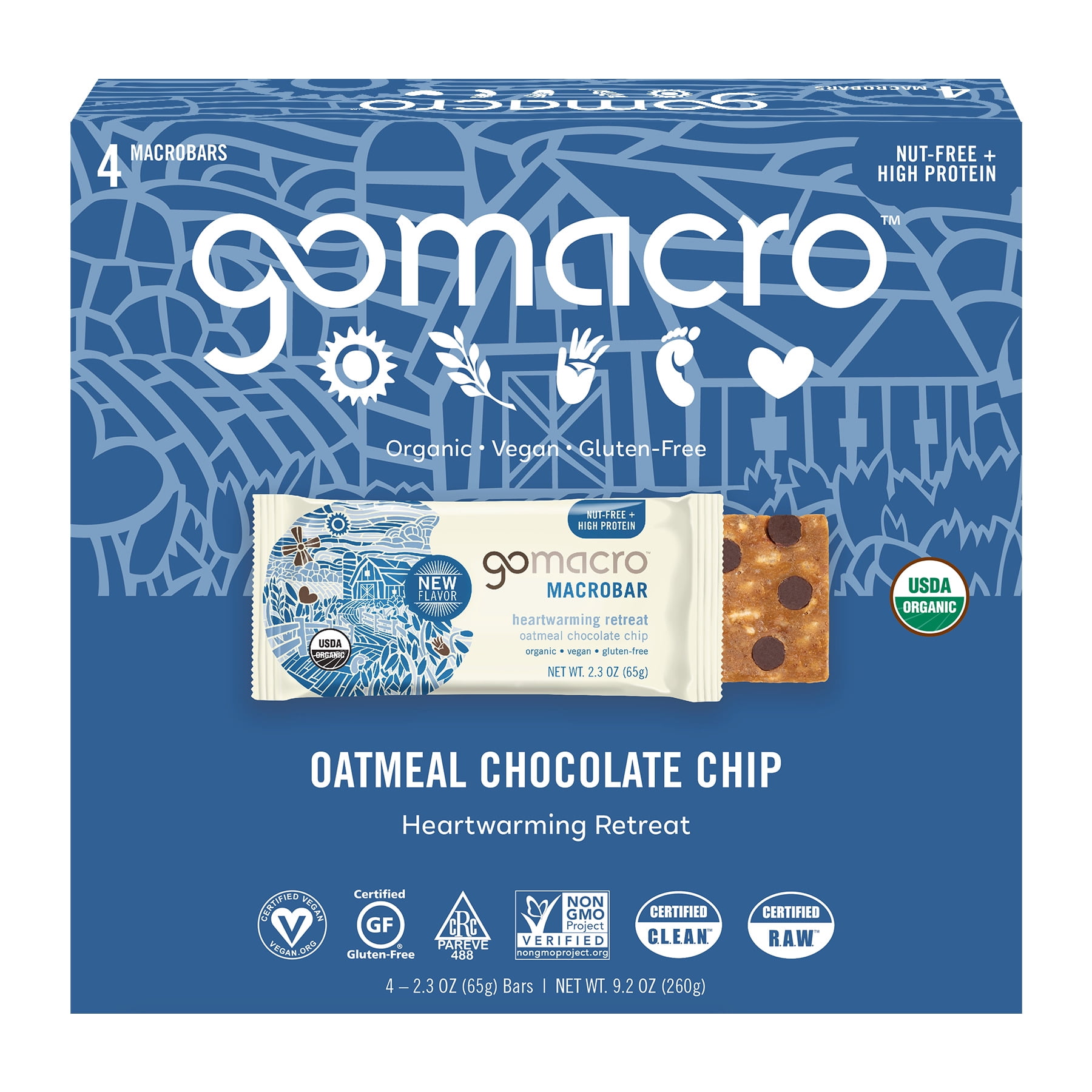 GoMacro MacroBar Organic Vegan Protein Bars - Oatmeal Chocolate Chip MacroBars 12 grams (4 Count)
