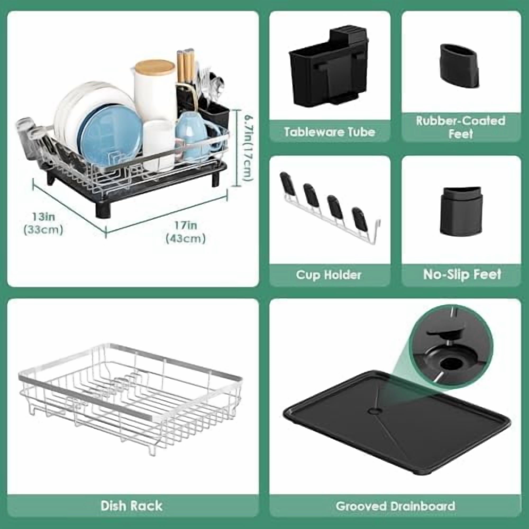 Dish Drying Rack, Dish Rack, Stainless Steel Dish Racks for Kitchen Counter, Dish Drainer with Removable Utensil Holder, Drainboard (Black,Stainless Steel,13''W x 17''L)