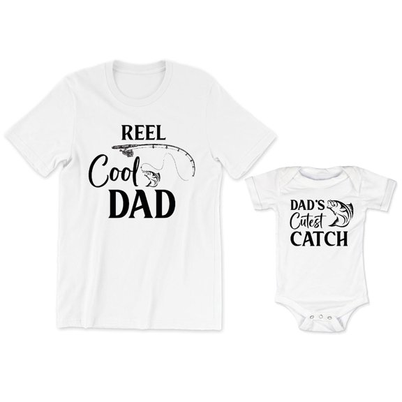 Reel Cool Dad Men's T-Shirt Fish and Fishing Hook Graphic Dad's Cutest Catch Baby Bodysuit Kids Toddler Shirt