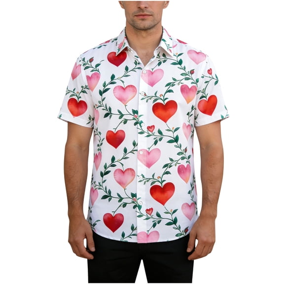 Lorytime Valentine Hawaiian Shirts for Men Unisex Heart Heart Button Down Shirt Collared Short Sleeve Tops Gift White L