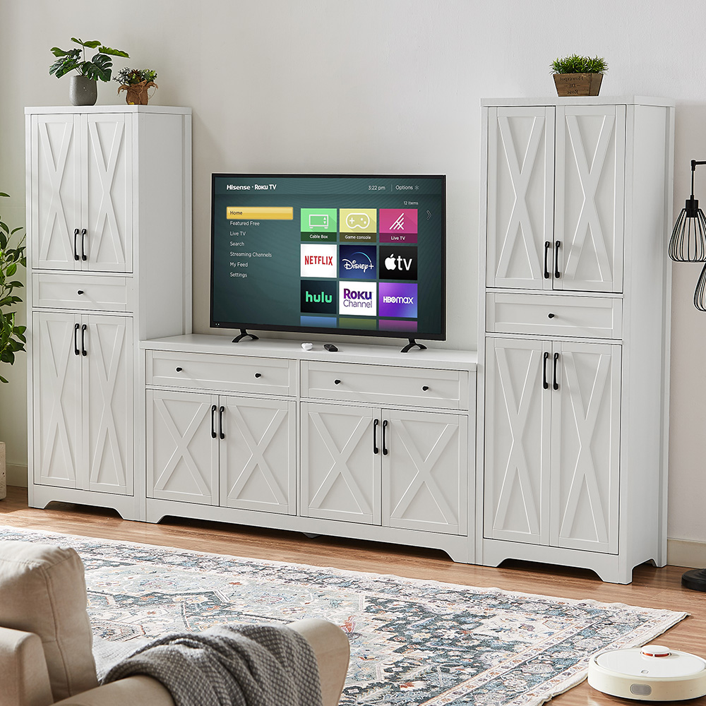 TrumanPick 3-Piece Modern Farmhouse Sideboard Buffet Cabinet and TV Cabinet & Kitchen Storage Pantry Set,White