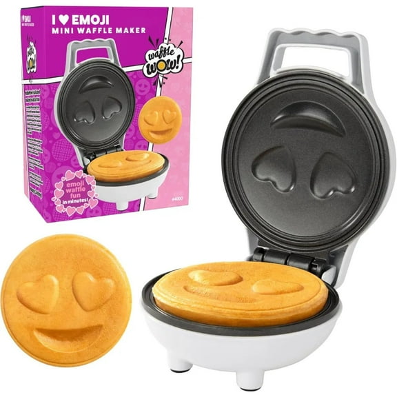 Heart Eyes Emoji Mini Waffle Maker- Valentines Day Breakfast w Cute Personal-Sized 4" Smiley Face Pancakes- Electric NonStick Baker Iron w Recipes- Loving Treat Gift for Her Him- Kids Easy Fun Bake