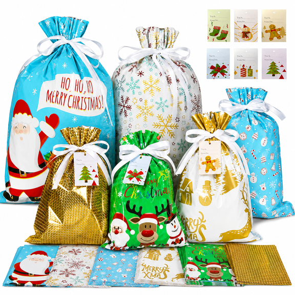 Harjon 30pcs Christmas Drawstring Gift Bags with Tags, Reusable Foil Gift Wrapping Sacks for Xmas Presents, Holiday Parties and Party Favors(Multicolor)