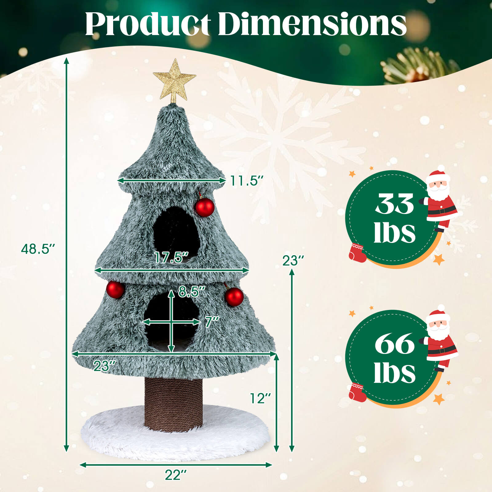 Costway 48.5” Christmas Cat Tree for Indoor Cats with 2 Large Condos, Scratching Post