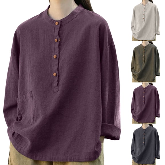 Endives Womens Cotton Linen Shirt Long Sleeved Shirt Button Down Shirt Collared Blouse for Women Purple