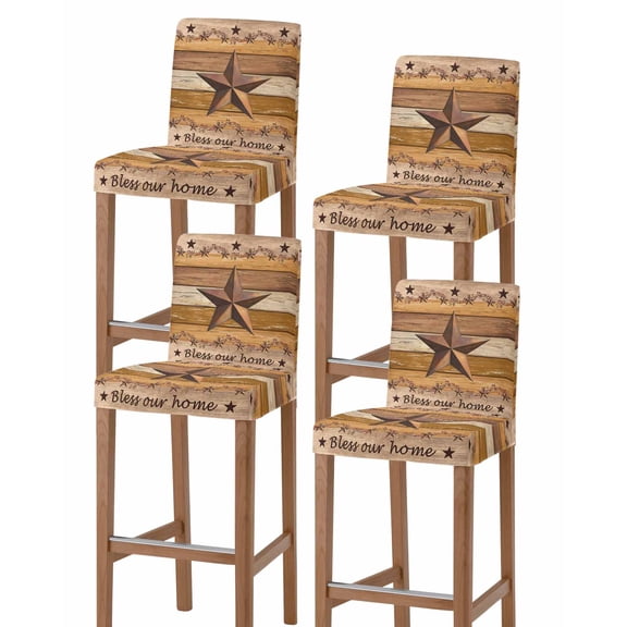 Western Texas Star Vintage Bar Stool Covers Set of 4, Retro Farmhouse Yellow Brown Wooden Stretch Bar Chair Covers with Backs, Removable Pub Counter Height Chair Cover for Kitchen Dining Room Cafe