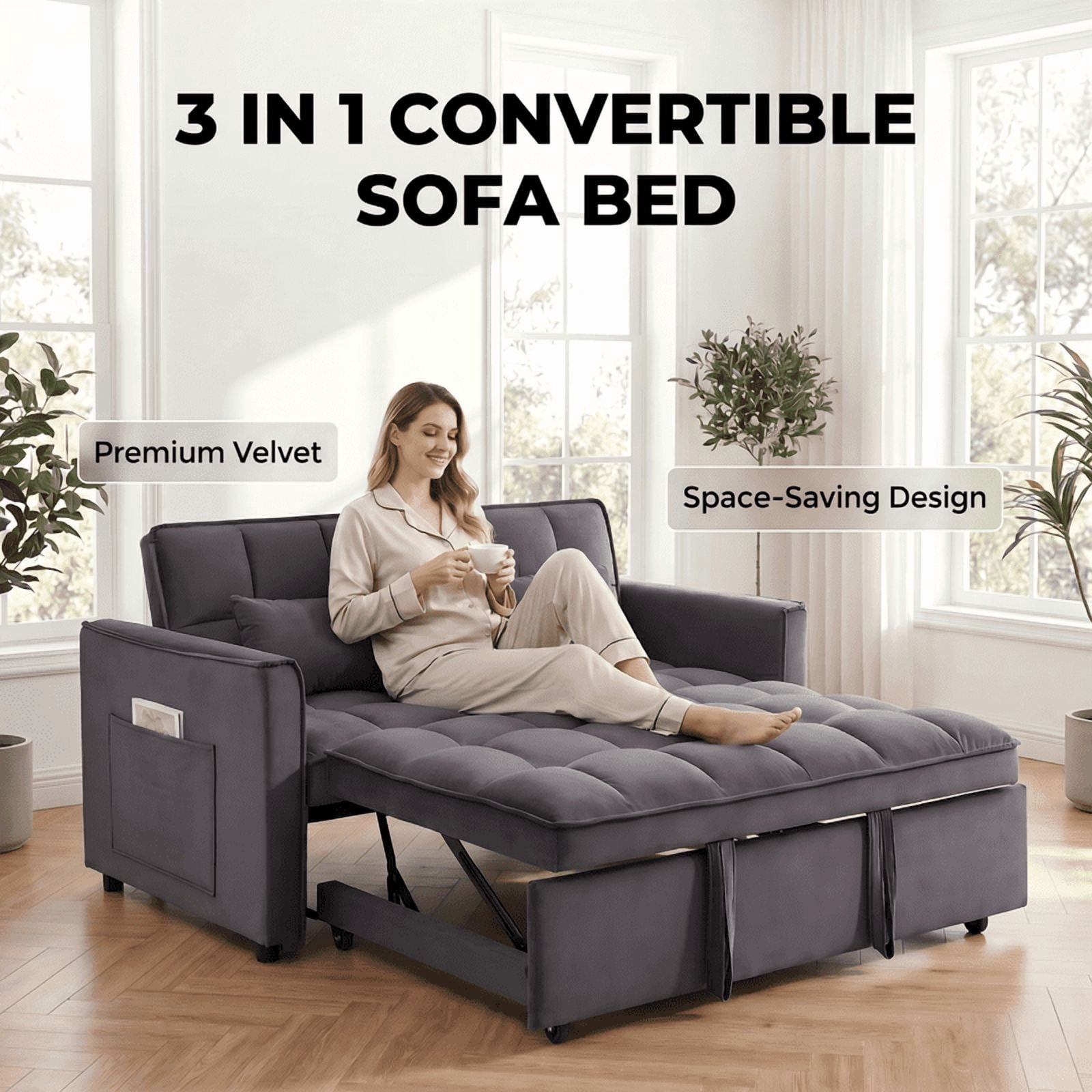 Gewnee 53 inch Convertible Sleeper Sofa Bed,Pull Out Loveseat Couch with Storage Pocket for Living Room,Apartment,Black02