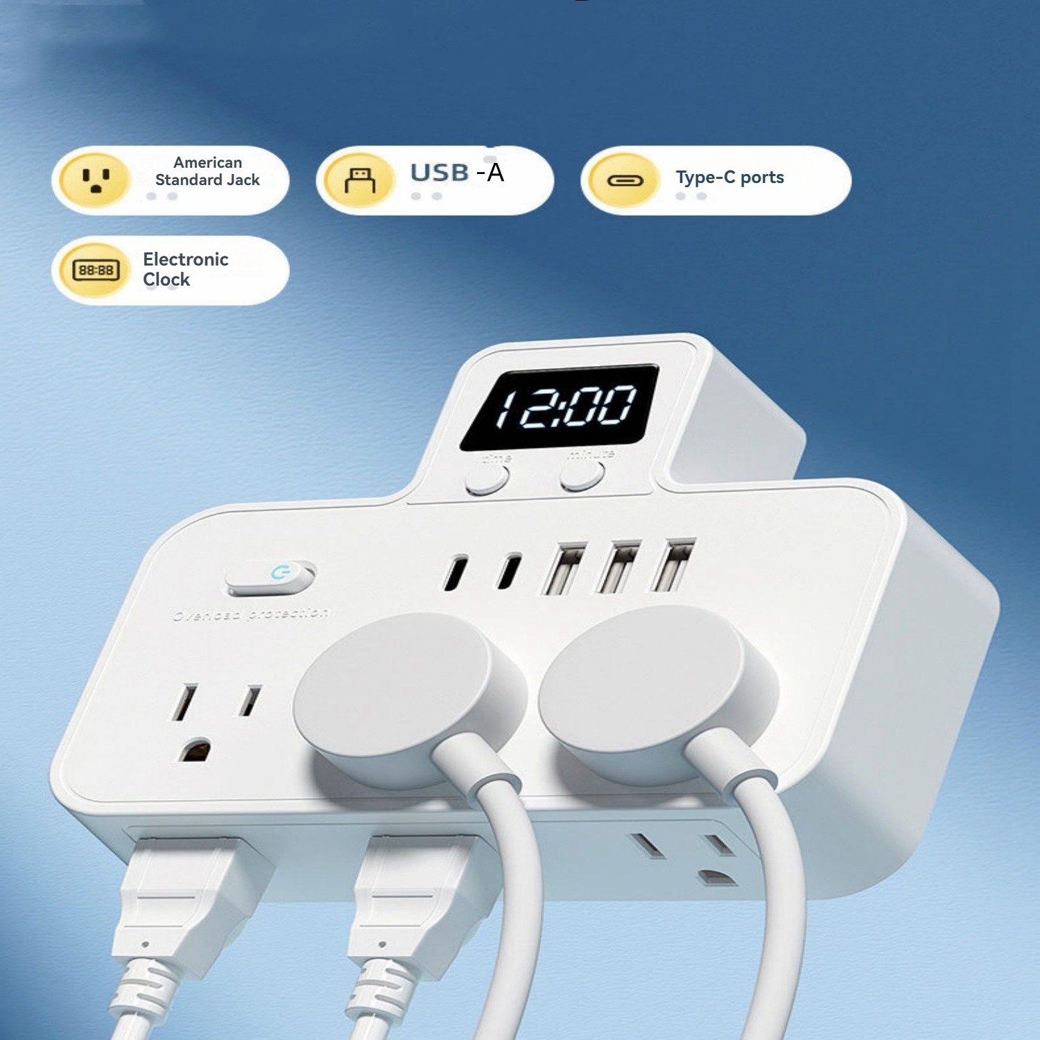 BEISHINK Comes With a Digital Clock Socket Extender, 6 Socket Surge Protectors, and 3 USB-A Ports (3 USB C) Wall Chargers, Suitable for Power Boards in Homes, Offices, and Dormitories