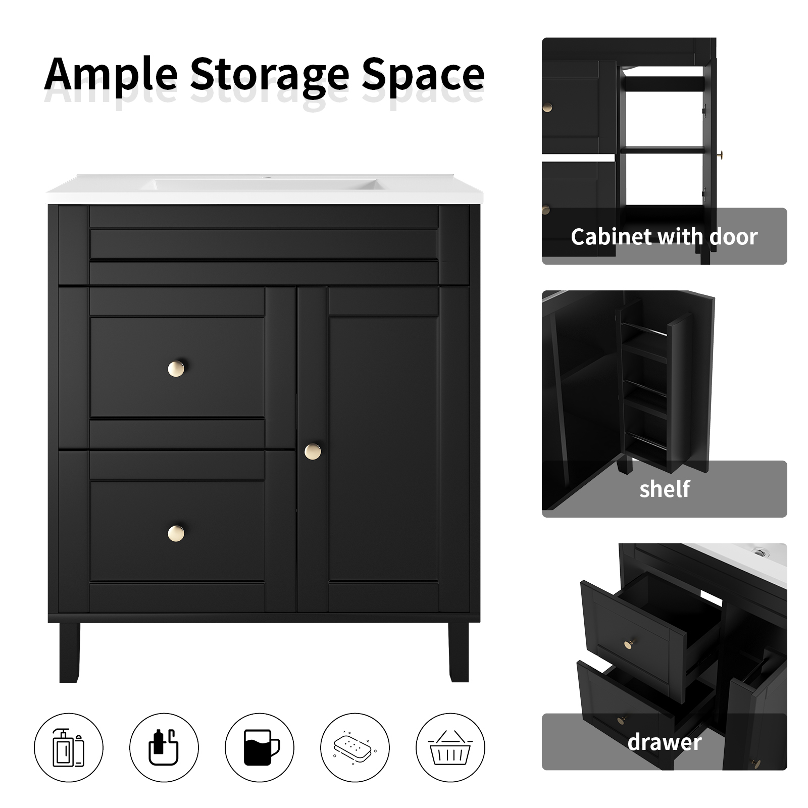 36-inch Bathroom Dressing Table with Sink, Modern Bathroom Washbasin Cabinet with 2 Drawers and 1 Door, Bathroom Storage Dressing Table with Netal Handle, Black
