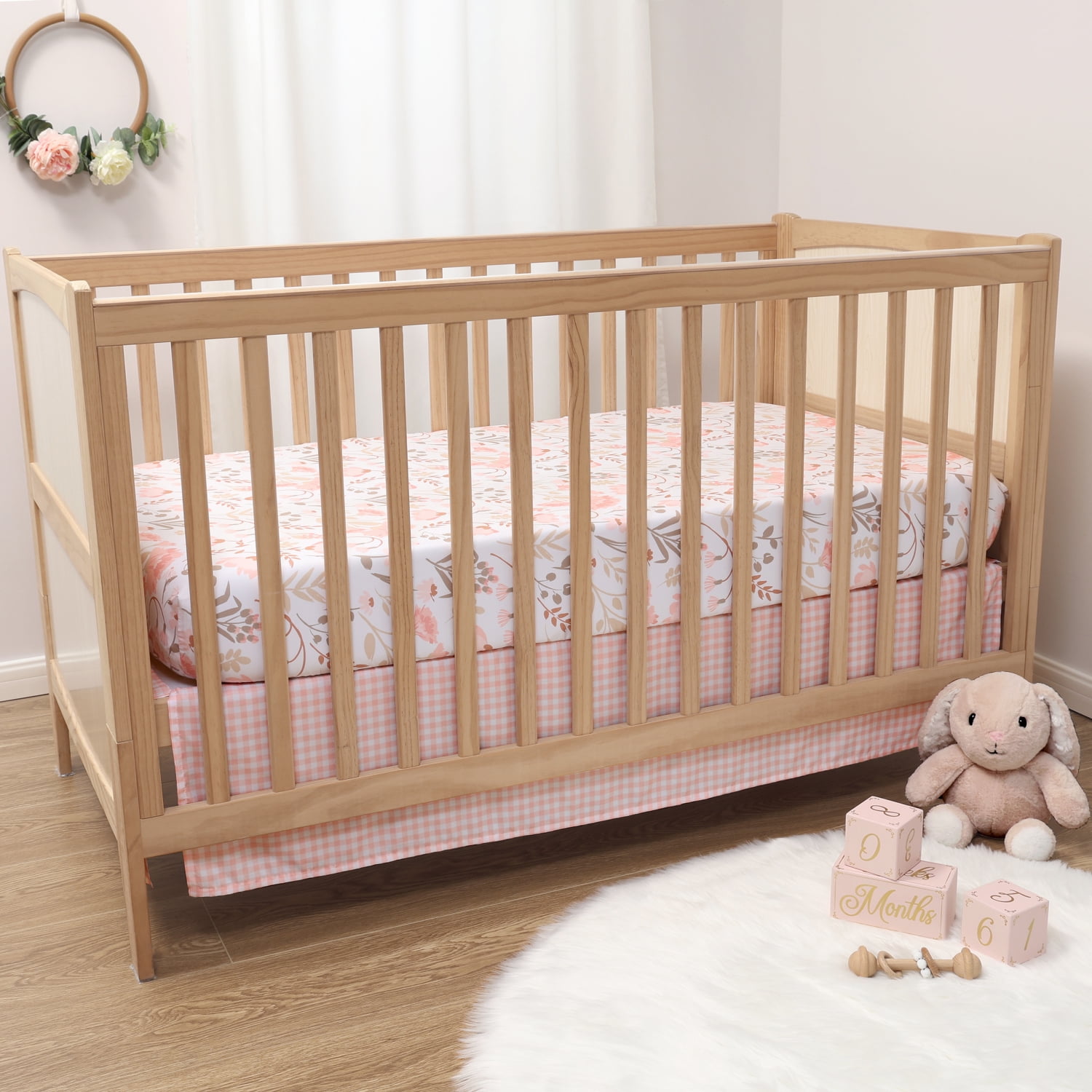 The Peanutshell Whimsical Floral Crib Bedding Set for Baby Girls, Machine-Washable, Pink, 3-Piece