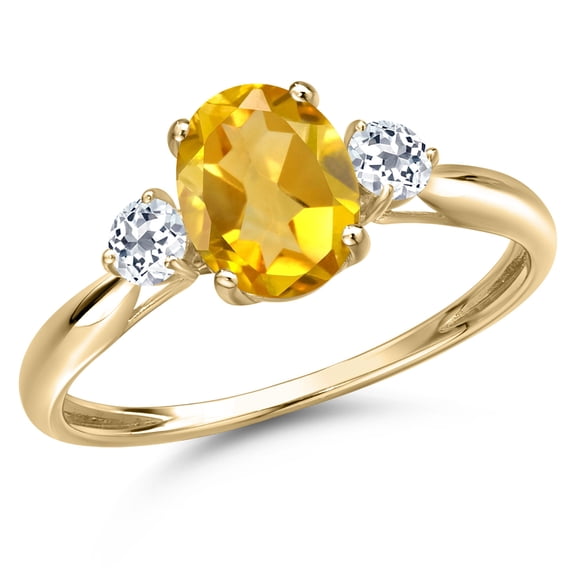 Gem Stone King 10K Yellow Gold Yellow Citrine and White Topaz 3-Stone Ring for Women | 1.58 Cttw | Oval 8X6MM | Gemstone November Birthstone | Size 7