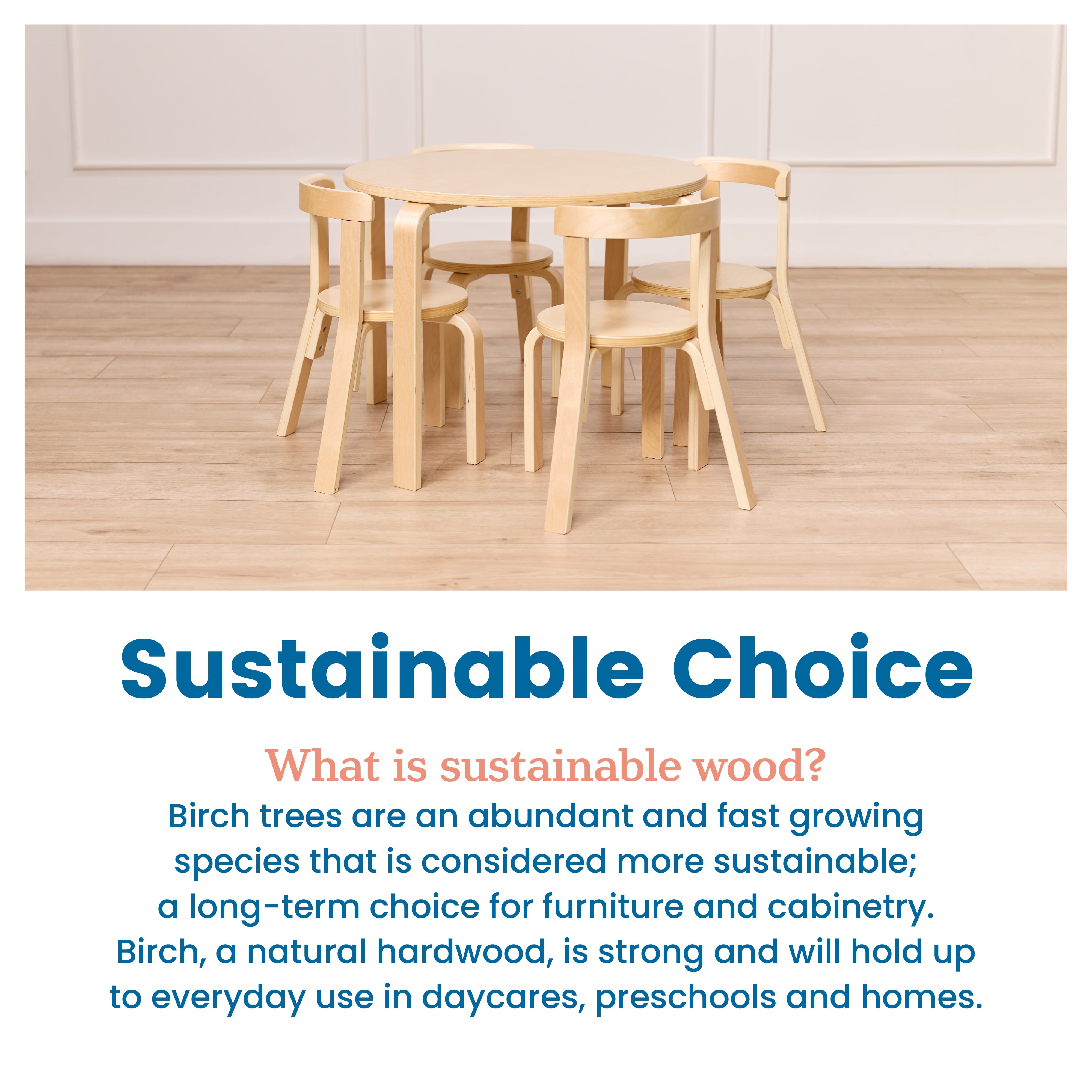 ECR4Kids Bentwood Table and Curved Back Chair Set, Kids Furniture, Natural, 5-Piece