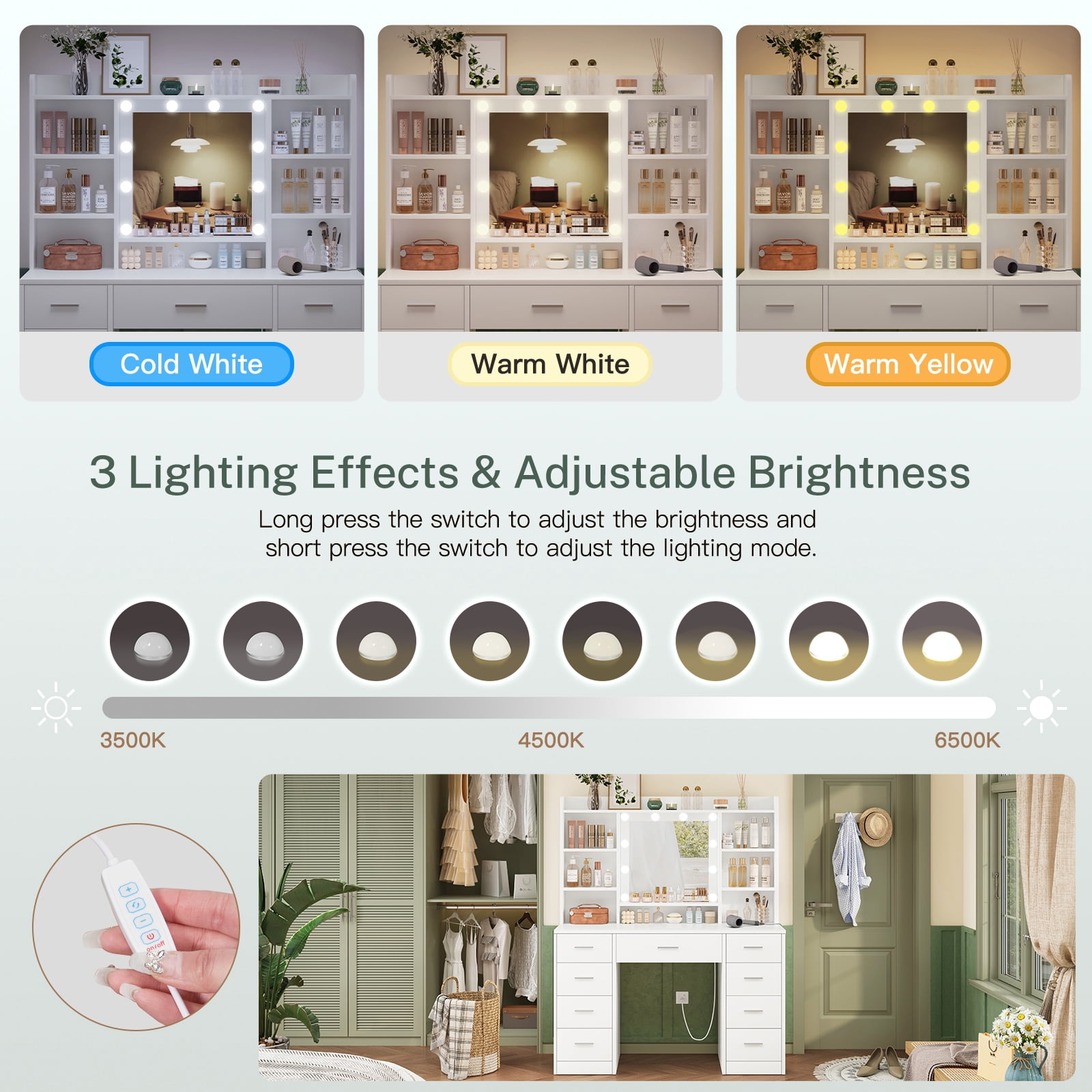 Makeup Vanity Table with 3-Color LED Lights Mirror, Vanity Table with 9 Drawers and 7 Storage Shelves, Vanity Desk for Bedroom Dressing Room, White