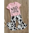 thumbnail image 3 of Suealasg Little Girls Summer Outfits 1T 2T 3T 4T 5T Kids Girls Short Sleeve Letter Print Tops Cow Print Flared Pants Sets Toddler Girls Pants Sets, 3 of 7