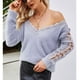 thumbnail image 4 of Suéter con cuello en V y hombros descubiertos para mujer, suéter de encaje de Color puro de manga larga para invierno, gris L, 4 of 7