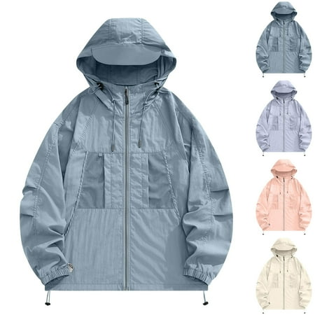 Waterproof Hooded Jackets for Women with Hood Sriper Breathable Long Raincoat for Golf Hiking Travel Windbreaker Work Clothes office Casual Shirts Cotton Preppy Clothes Dressy Sky Blue 4X