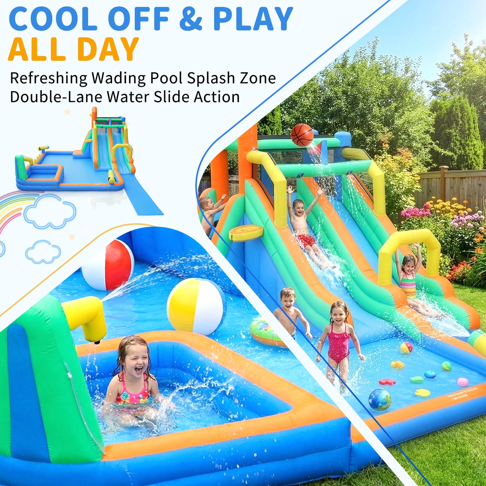 Ktaxon 8-in-1 Inflatable Water Slide Bounce House with Blower, 197" x 179" x 98", Dual Slides Water Park, Wading Pool & Water Dump Bucket for Kids Backyard