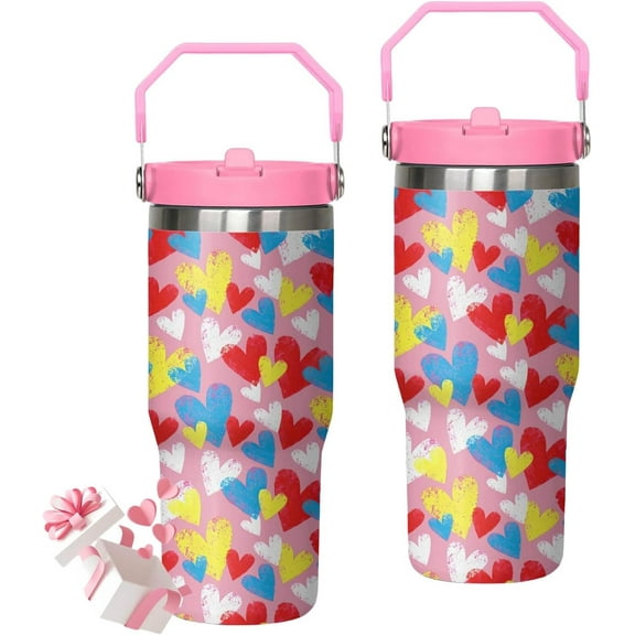 30oz Valentines Tumbler with Handle and Flip Straw, Heart Stainless Steel Vacuum Insulated Cup, Travel Mug Water Bottle, Birthday Christmas Gifts for Wife Girlfriend Bride