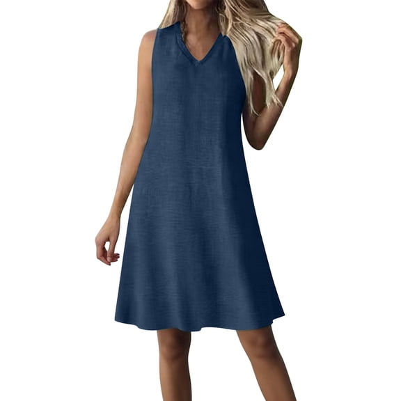 Vrorvz Dresses for Women Sleeveless V Neck Cotton Linen Sundress Casual Summer Beach Vacation Dress