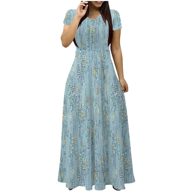 Vestido de Verano para las Mujeres Gradiente Impreso Cuello en V Manga Corta de la Longitud Del Tobillo Vestido, Vestido Corto de Verano