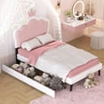 thumbnail image 3 of Platform Bed Frame Twin Size, Princess Upholstered Bed Frame with Crown Headboard and 2 Under Bed Drawers, Pu Leather Full Bed for Girls, White & Pink, 3 of 7