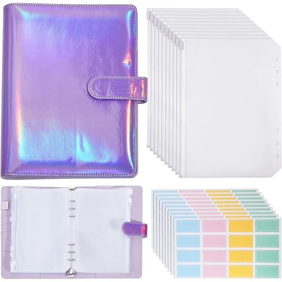 15Pcs A5 Binder Pockets with PU Leather Notebook Binder Cover Clear PVC Binder Pouch Cash Money Organizer Set with 10 Pcs Stickers for Knitting Needles Cash Envelope Document DIY