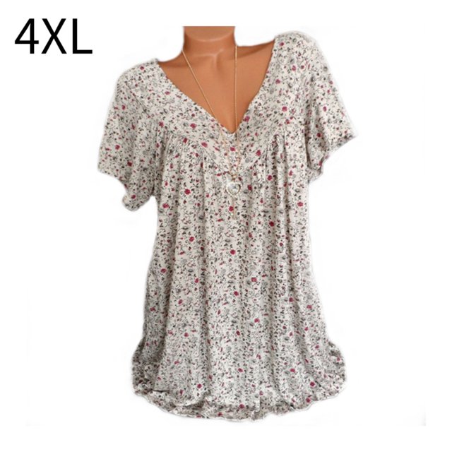 Camiseta de mujer con cuello en V, manga corta, camiseta de verano informal estampada, beige, 4XL seitruly AP001653-55