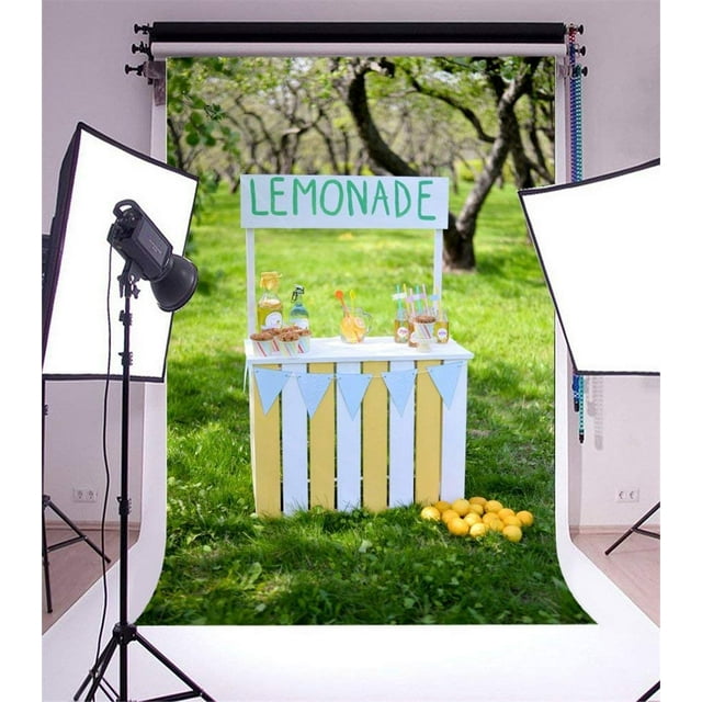 BSDHOME Polyester 5x7ft Photography Backdrop Lemonade Stand on Green Grass Spring Photo Background Backdrops for Photography Photo Shoots Party Newborn Kids Baby Personal Portrait Photo Studio Props