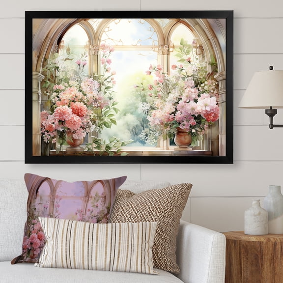 Designart "Gazing through Country Window at Pink Blossoms V" Floral Framed Wall Art Decor - Traditional Pink Window Living Room Framed Canvas Art