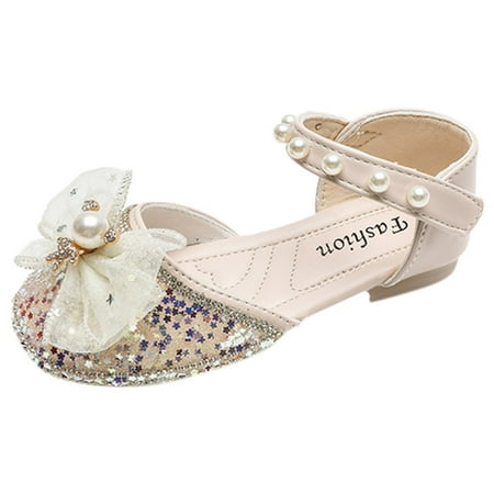 

NIUREDLTD Summer Children Girls Sandals Flat Bottom Sequin Ribbon Bow Pearl Hook Loop Dress Dance Shoes Size 26