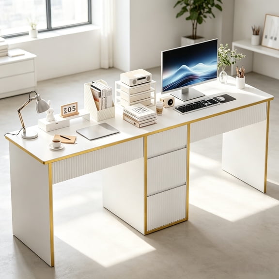 DreamCurship Two Person White Desk with Drawers, 78 inch Computer Desk with Storage Shelves, Double Desk with Storage for 2 People, Home Office Work Desk, White