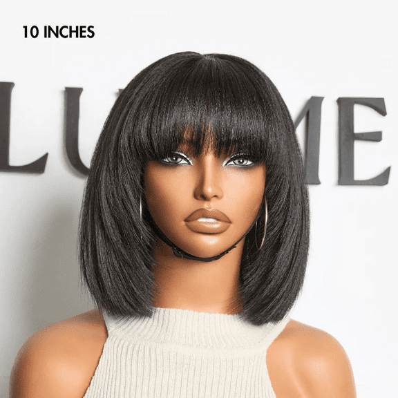 Natural Black Layered Cut Yaki Straight Minimalist Lace Bob Wig with Bangs